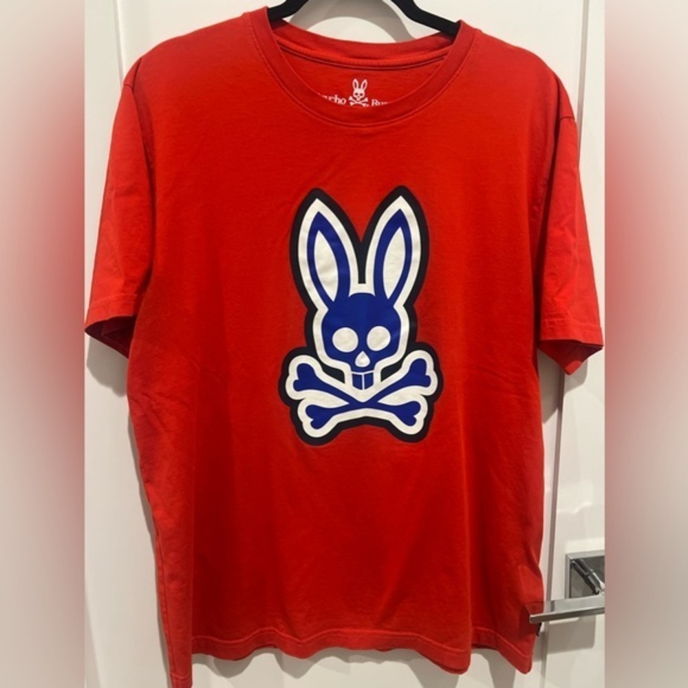 Psycho Bunny Red Tee with Blue & White Skull Bunny Graphic
